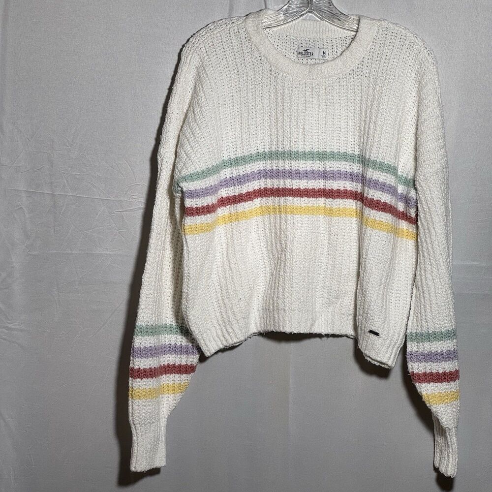 Hollister Sweater M White Pastel Stripe Chenille Knit Crewneck Cozy Pullover